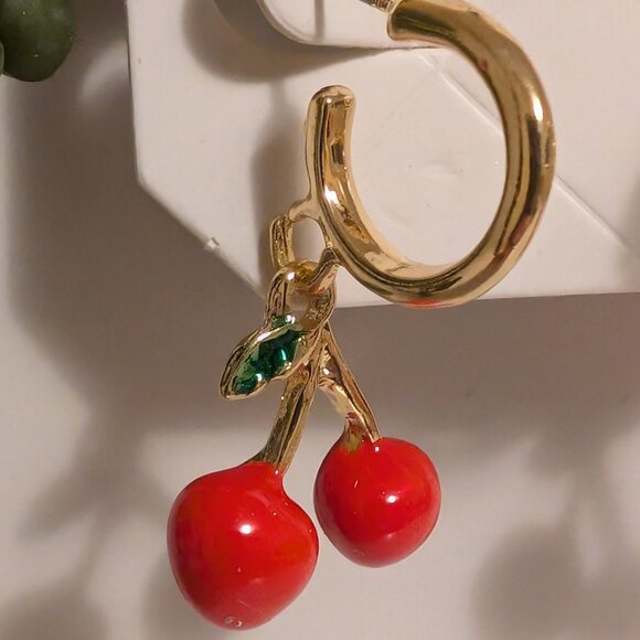 Cherry Earrings, Enamel and Gold, New! - Picture 3 of 3